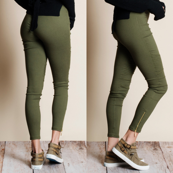 Olive Moto Zipper Leggings - Picture 2 of 2